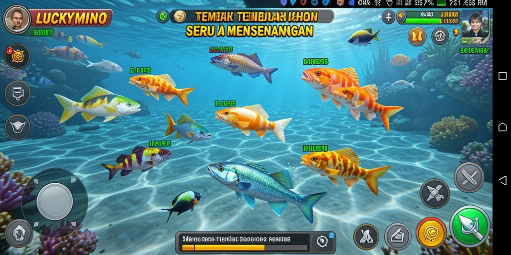 Gameplay seru LUCKYMINO menampilkan pertempuran menangkap ikan.