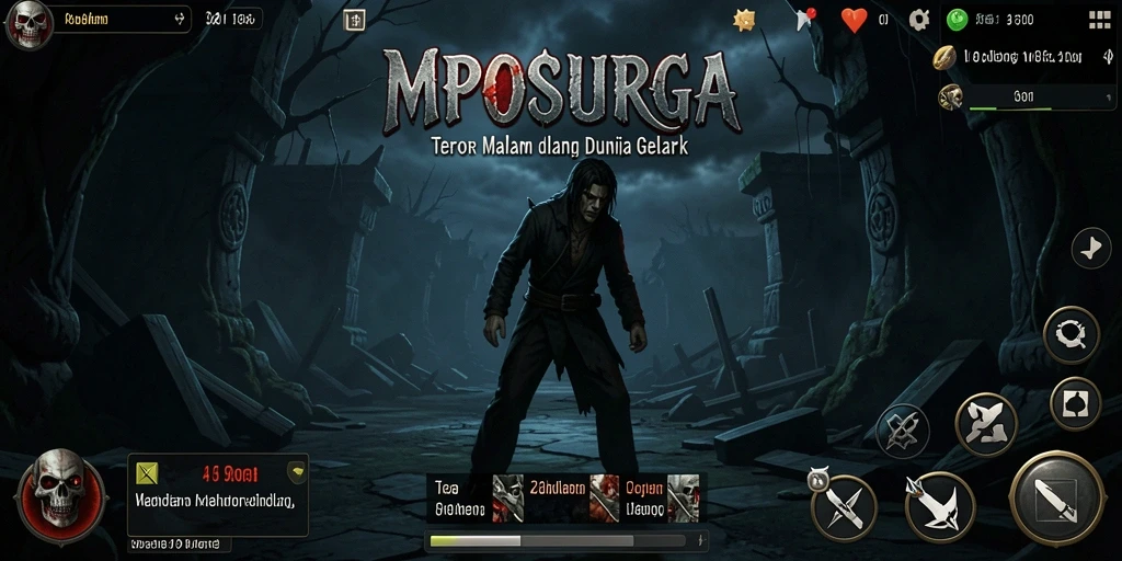 Screenshot gameplay MPOSURGA menampilkan suasana gelap dan mencekam.