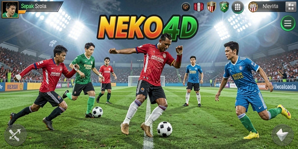 Screenshot gameplay NEKO4D menampilkan aksi sepak bola yang seru.